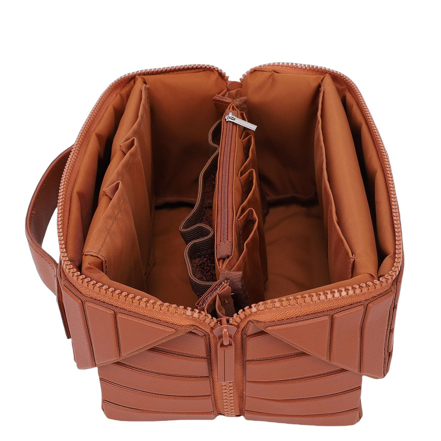ciciglow Travel Makeup Bag, 22.5cm/8.86inch×15cm/5.91in Large Capacity Cosmetic Bags for Women, Fold Down Water Proof Toiletry Bag, Pull Open Design Soft PU Leather(Brown)