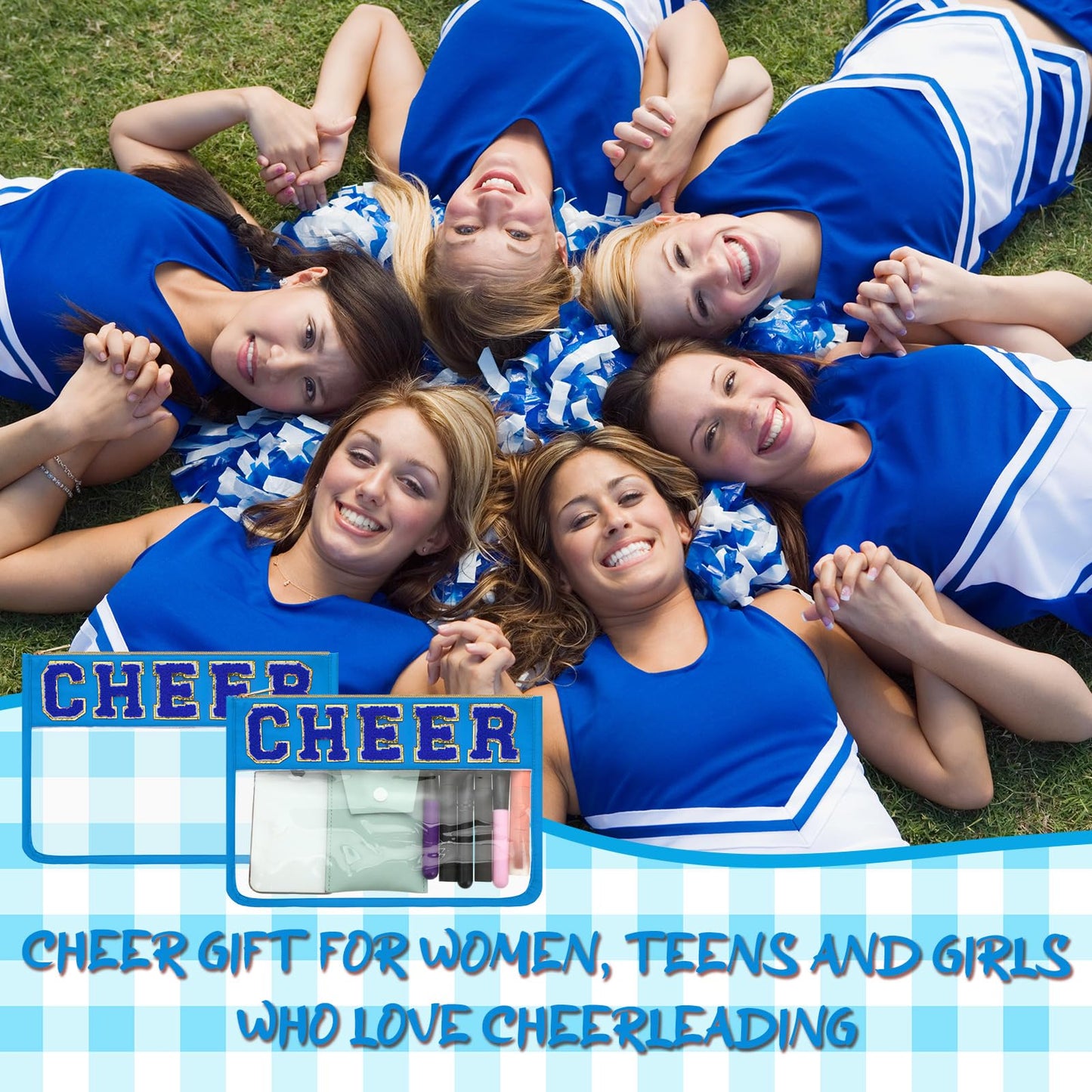 Abbylike 4 Pcs Cheer Makeup Bag Gift Set 11.8x8.2 Inches for Cheerleader Team Girls Clear Chenille Letter Cosmetic Bags Zipper Toiletry Makeup Pouch Bulk Women Travel Snack Bag(Blue,Cheer)