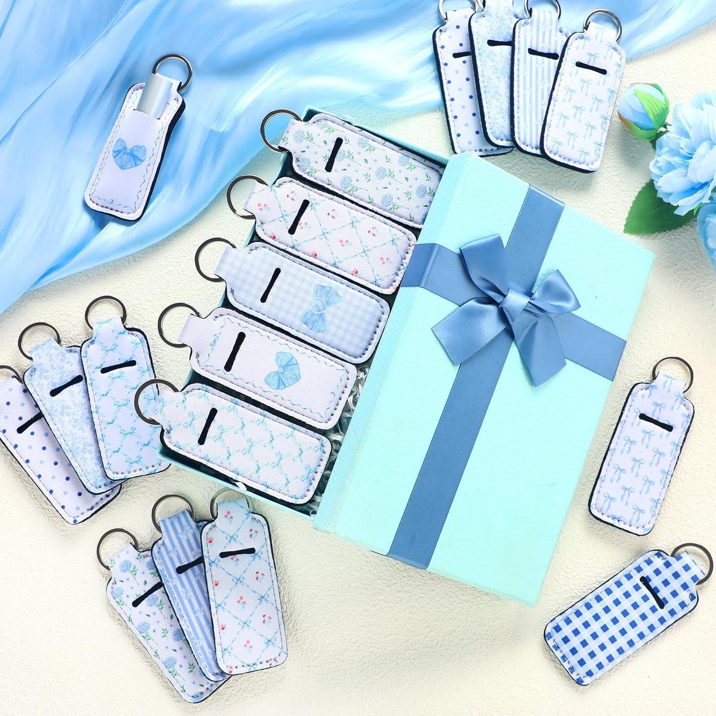 Ctosree 20 Pcs 20 Pcs Coquette Bow Lipstick Holder Keychain Gifts Bulk Coquette Lip Balm Holder Keychain Bow Birthday Party Favors (Elegant Style,Blue)