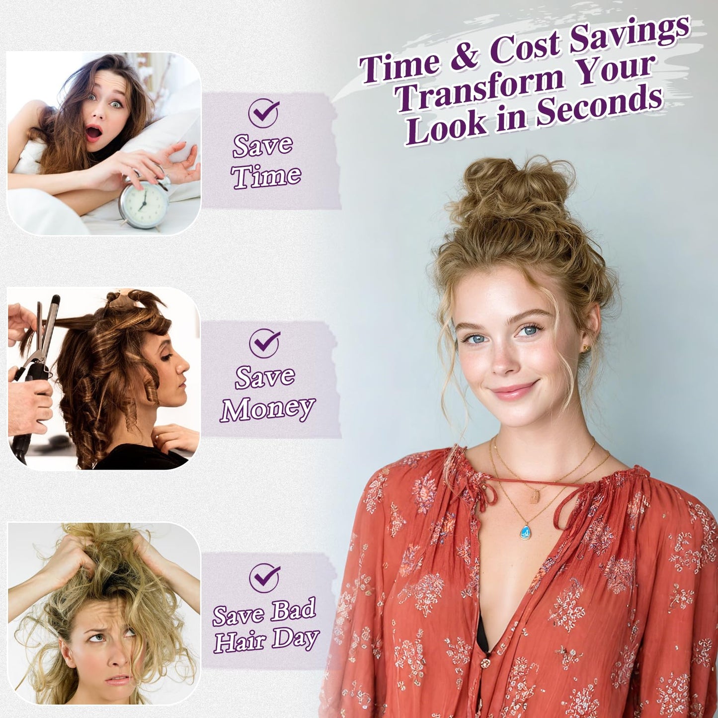 BARSDAR 100% Human Hair Bun Extension - Elastic Wavy Curly Messy Bun Scrunchies for Women - Brown Blonde Real Human Hair Updo Extensions Thick Fluffy Chignons Hairpieces - Brown mix Blonde