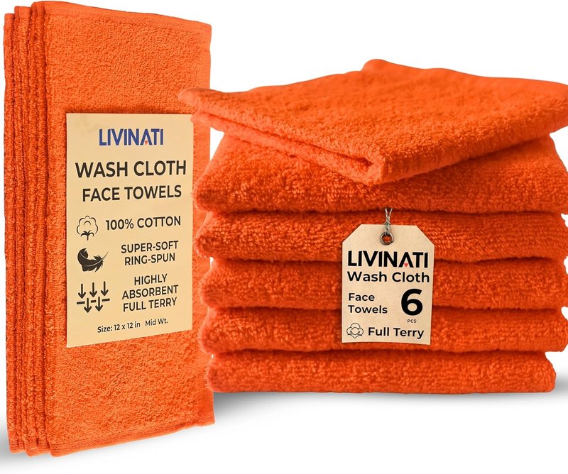 100% Cotton Wash Cloths - Soft Absorbent Terry Towel Set | Orange 12" x 12" - 6 Pack for Adults & Kids