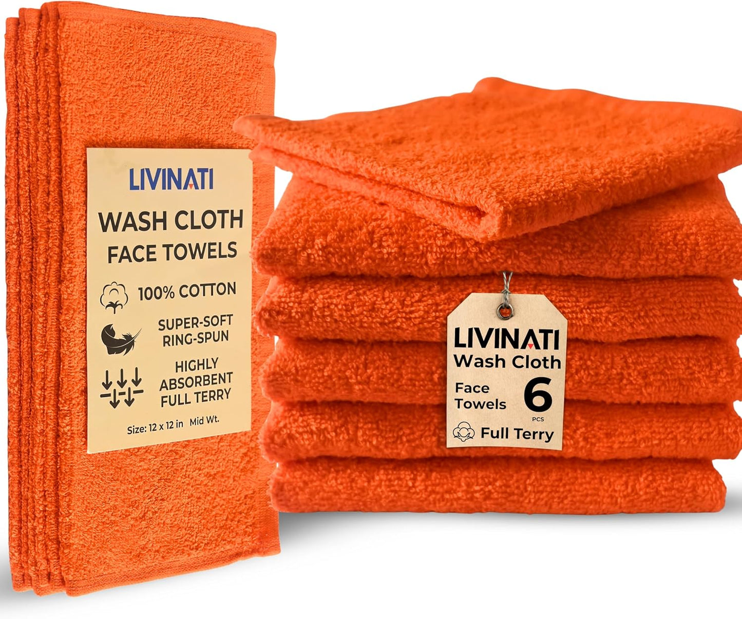 100% Cotton Wash Cloths - Soft Absorbent Terry Towel for Body & Face | 12 Pack, 12”x12”