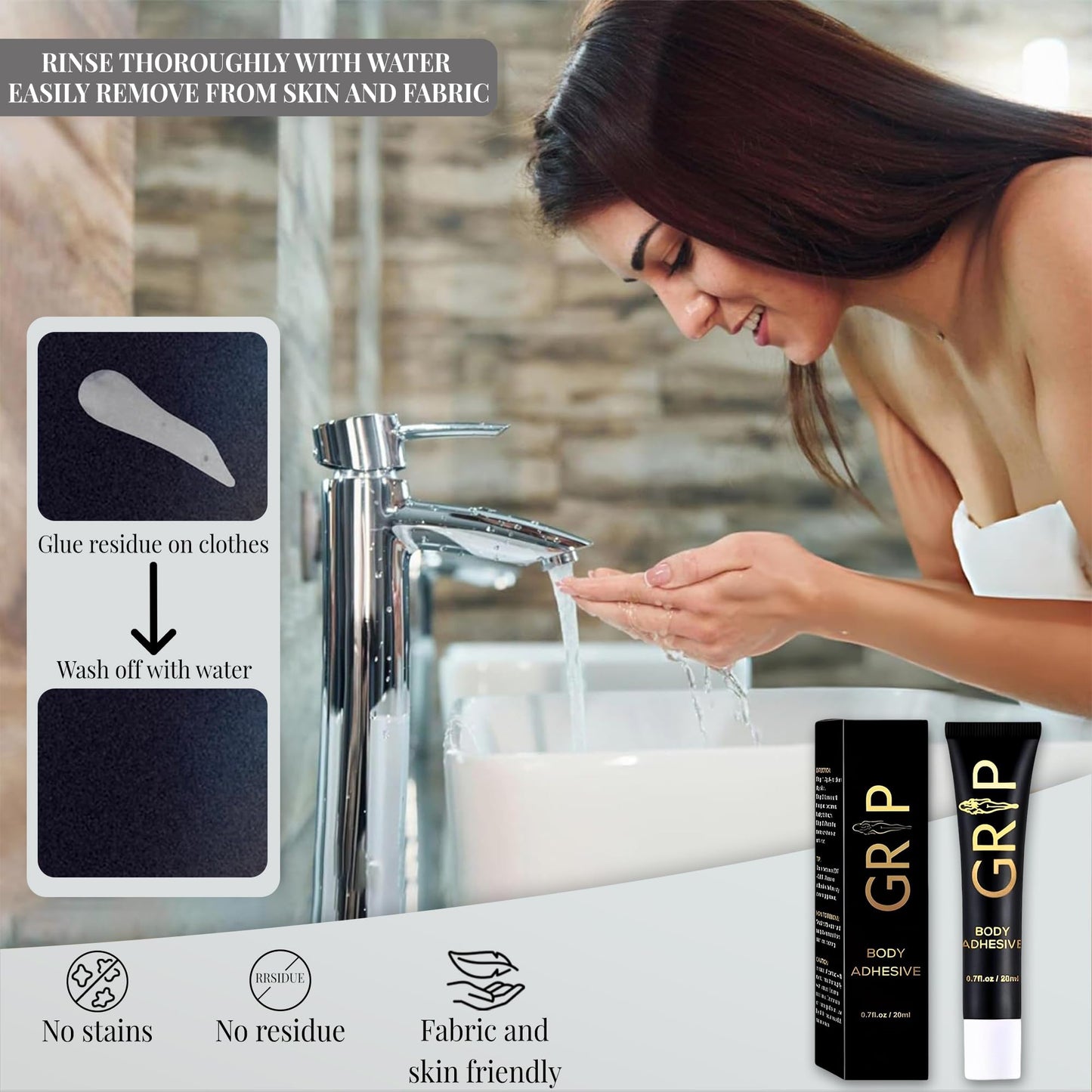 Grip Shapewear Body Adhesive Glue - Water Wash, Fabric-Safe Liquid Adhesive for Skin - Adhesives Bra Sweat Proof Glue, Stockings & Outfits - Fashion Fix for Women & Dancers - 20ml