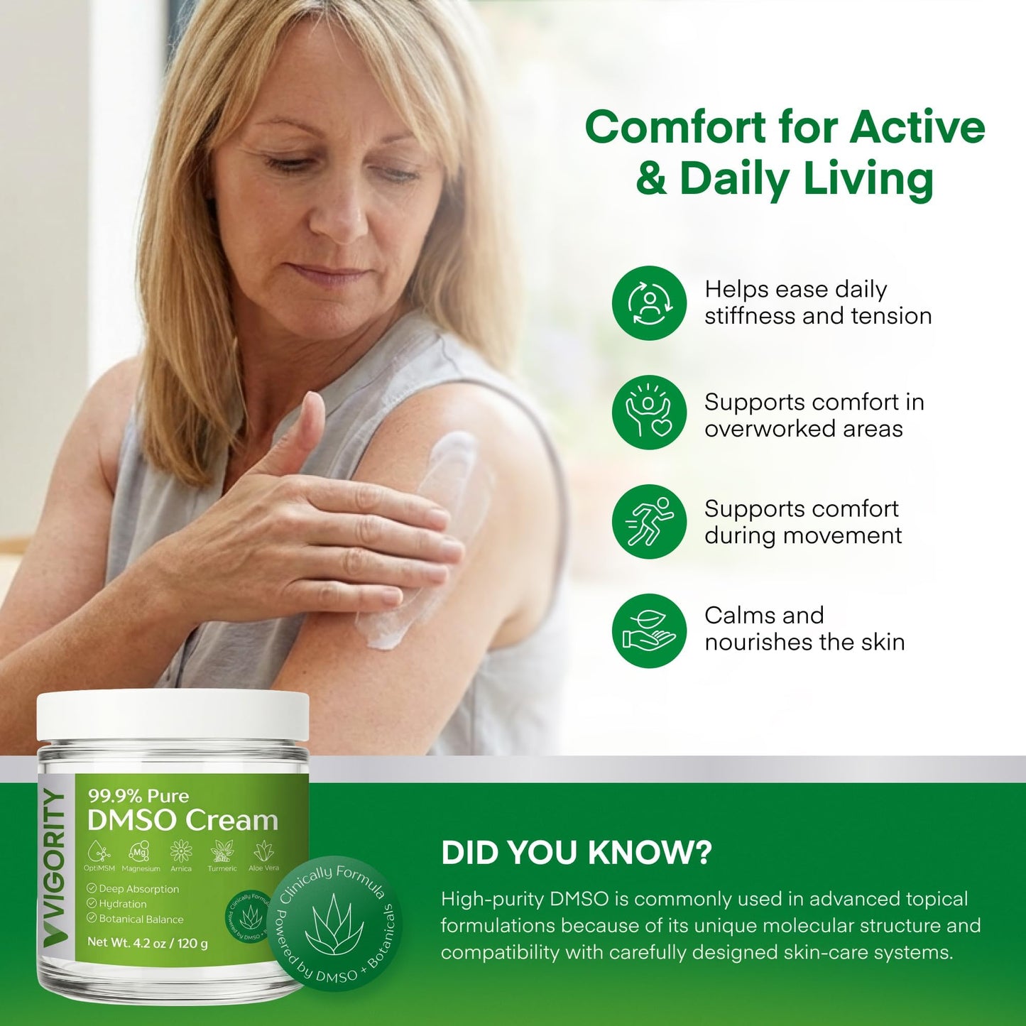 Vigority DMSO Cream 99.9% Pure for Topical Joint, Muscle Comfort - DMSO Pharmaceutical Grade Cream with Arnica, Magnesium, Turmeric, OptiMSM, Aloe Vera 3.53oz