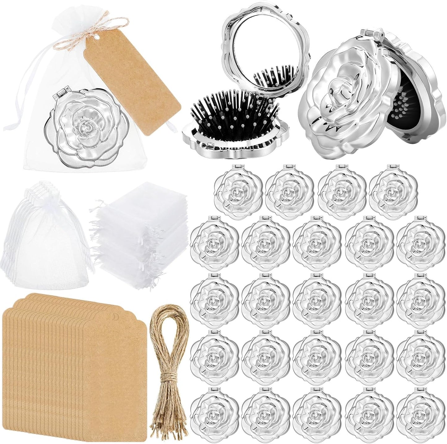 Rose Compact Mirrors - 24 Sets Travel Mirror Favors for Quinceanera, Sweet 16 & Bridal Shower | Silver