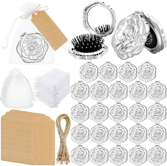 Rose Compact Mirrors - 24 Sets Travel Mirror Favors for Quinceanera, Sweet 16 & Bridal Shower | Silver