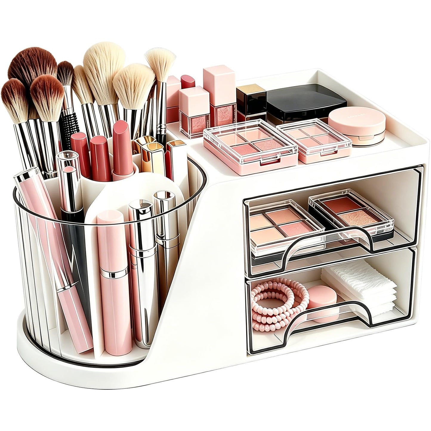 Neehows Makeup Organizer with 360°Rotating Brush Holder & 2 Drawers - White