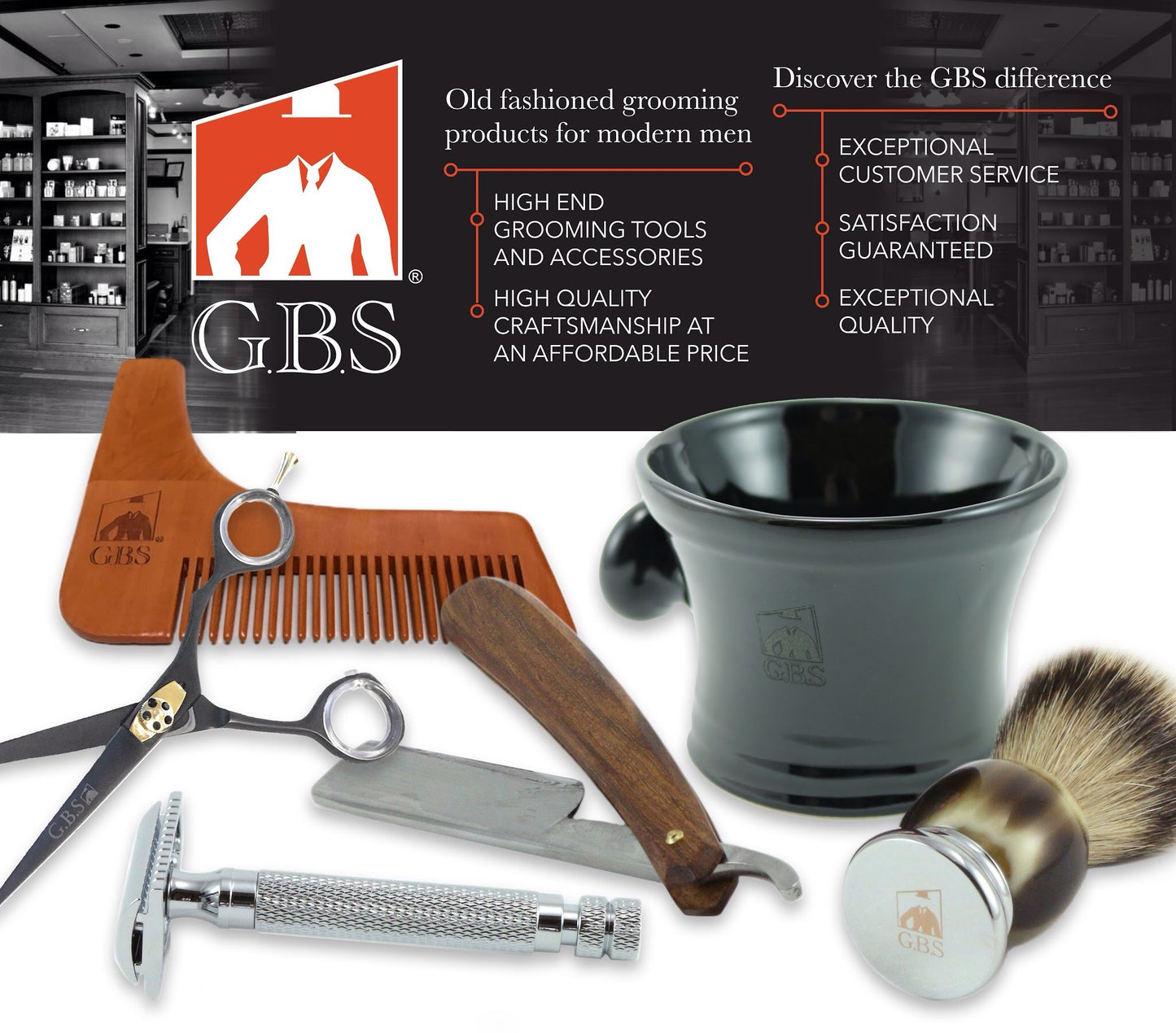G.B.S Shaving Set, Long Handle Non-slip Knurled Razor Stand Shaving Brush, Shaving Bowl with G.B.S Natural Soap, 5 Blades
