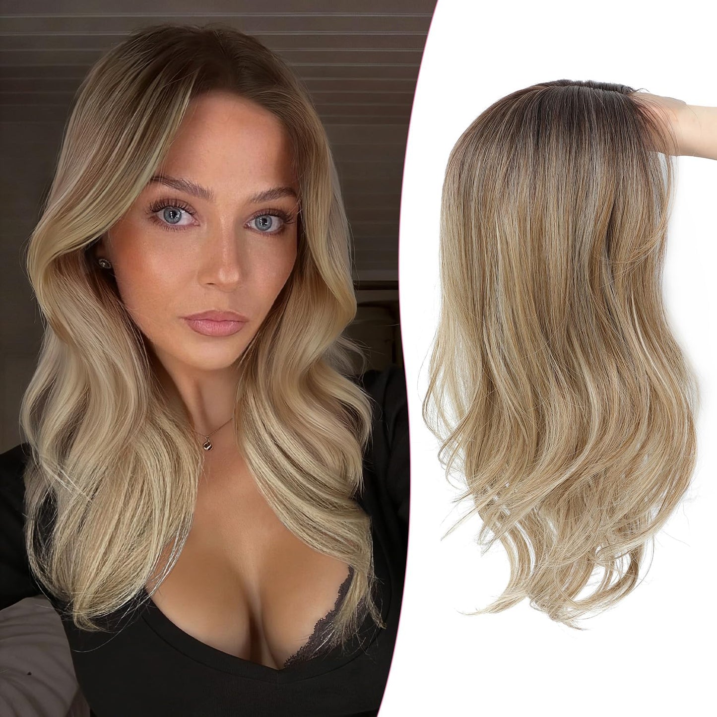 18 Inch Body Wavy Hair Topper for Women - Synthetic Clip-In, Natural Part, Dark Brown Root to Blonde Ombre with Highlights