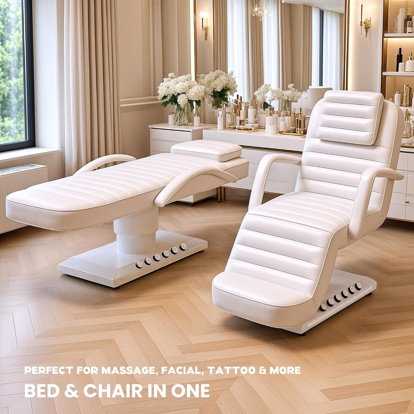 Electric Massage Table - Adjustable Facial Bed with LED Light | Removable Headrest & Armrest, 90° Back & Leg Adjustment (White)