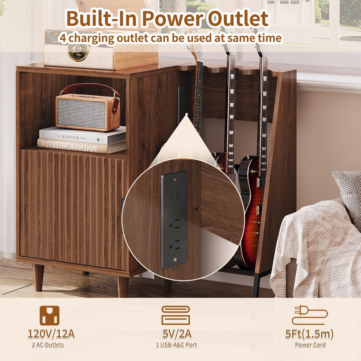 WLLPNG Guitar Stand with Vinyl Record Storage, Record Player Stand with Multiple Guitars Holder, Built-in Power Outlet, Guitar Amp Stand for Acoustic, Electric Guitar, Bass, Speaker, Amp
