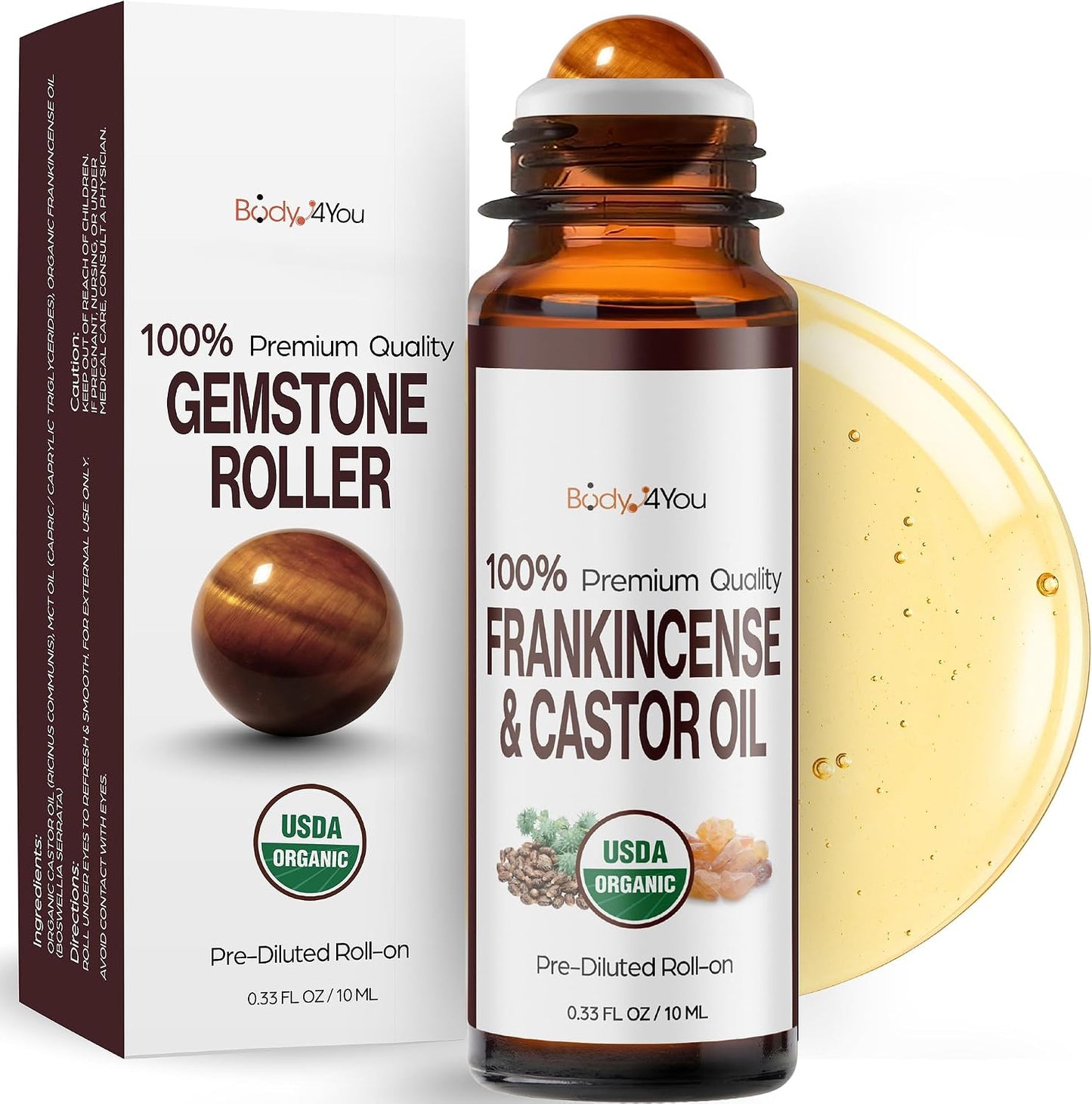 Castor Oil & Frankincense Essential Oil Roll-On | 100% Pure Organic Serum for Dark Circles & Fine Lines - 10ml Travel Size