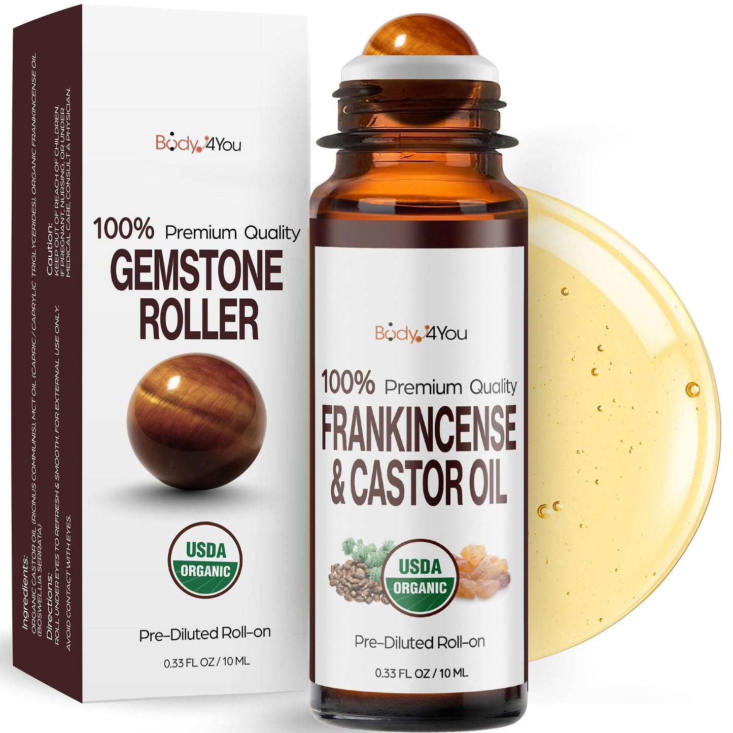 Castor Oil Frankincense Essential Oil Roll On for Face Eyebrows Under Eye - 100% Pure USDA Organic MCT Coconut - Dark Circles Fine Lines Facial Skin Care Serum - Gemstone Roller 10ml Travel Size