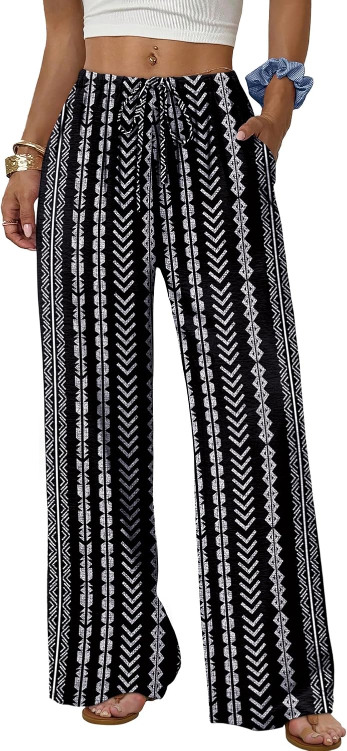 Wide Leg Pants for Women - Flowy Palazzo Trousers with Drawstring & Pockets | Summer Beach Vacation Wear