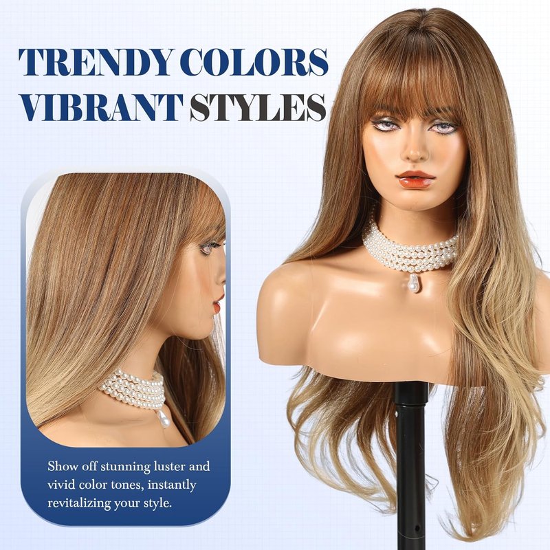 Long Ombre Brown Wig with Bangs - Layered Curly Synthetic Hair for Women | Daily Wear
