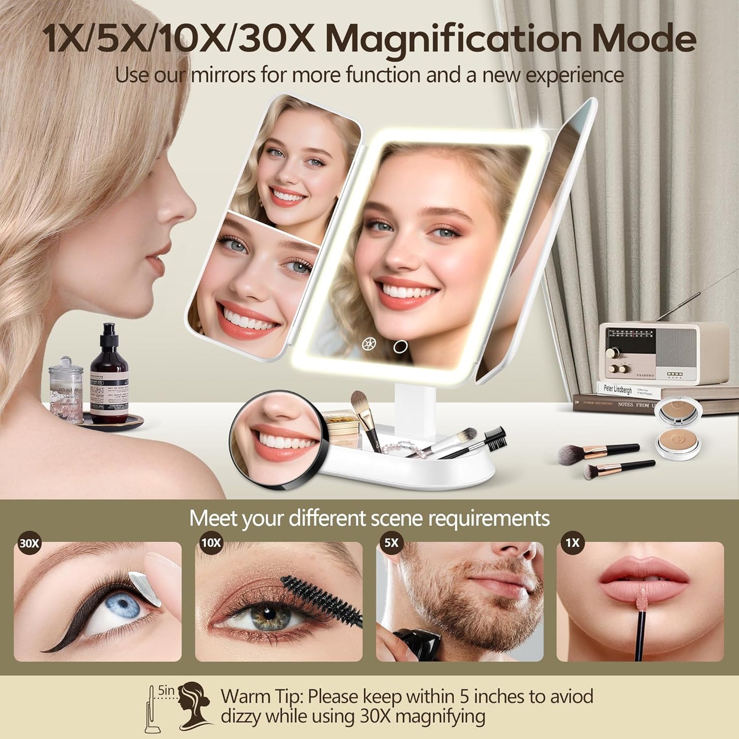 Makeup Mirror with Lights - 30X/10X/5X Magnification, Dimmable Trifold Vanity Mirror | Portable Travel Size