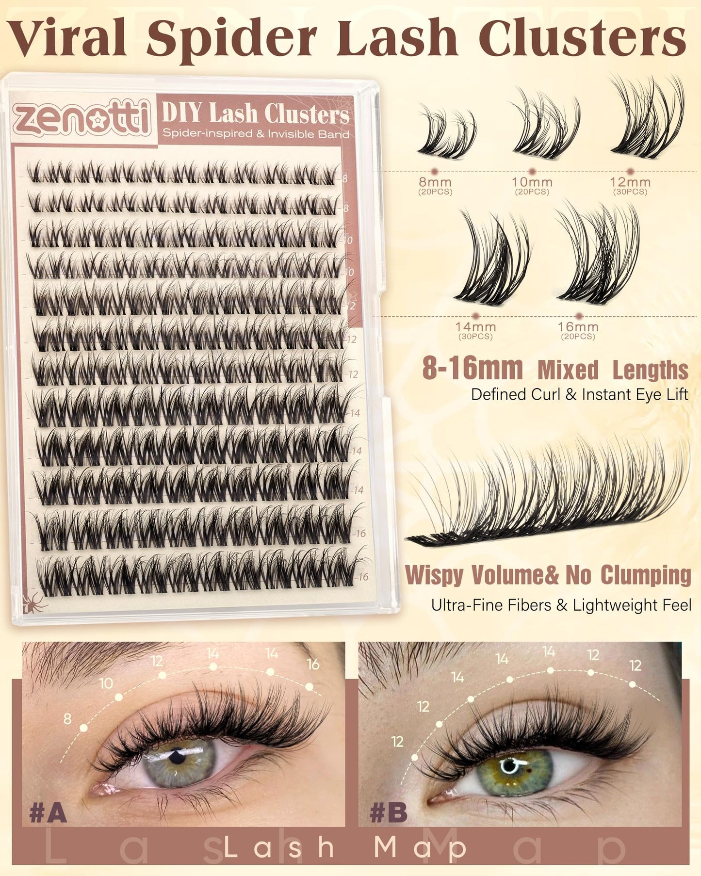 Spider Lash Clusters Wispy Eyelash Clusters Natural Breeze Lashes Cluster Venus Cluster Eyelash Extensions D Curly Cosplay Individual Lashes with Invisible Band DIY at Home 8-16mm by zenotti