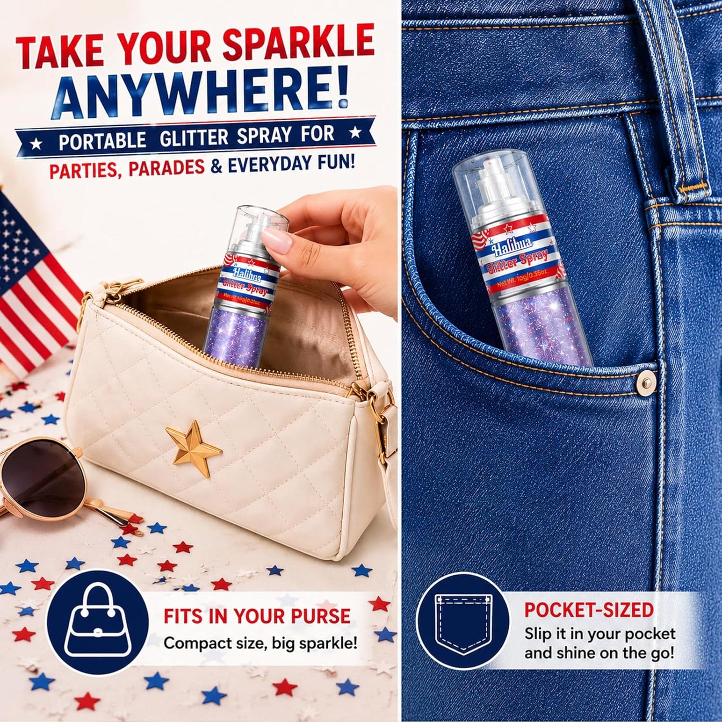 Red White Blue Glitter Spray - Patriotic Hair & Body Shimmer for 4th of July | Quick Dry, Lightweight Sparkle for Parties