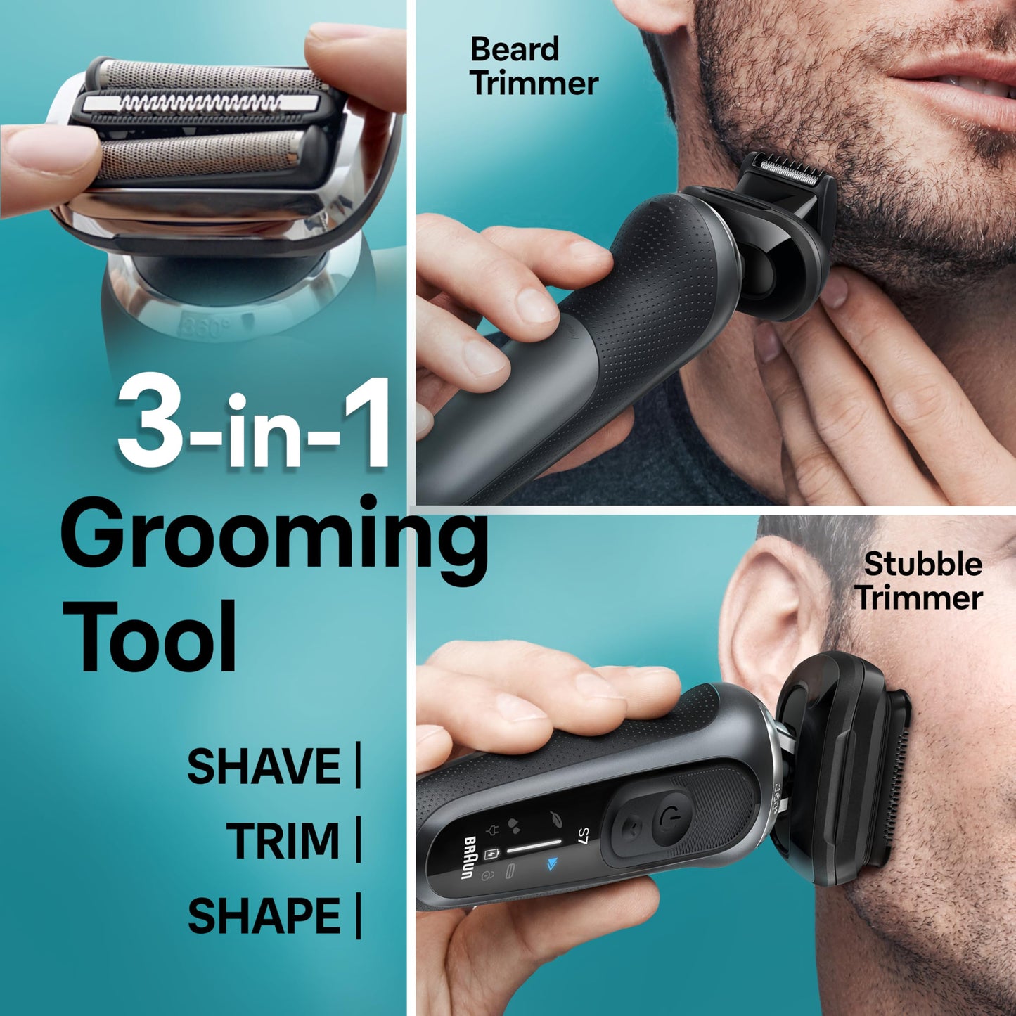 Braun Series 7 Electric Shaver for Men, Wet & Dry Foil Razor, 4-in-1 SmartCare Clean & Charge Center, Beard Trimmer Attachment, Stubble Attachment, Travel Case, Grey 7185cc