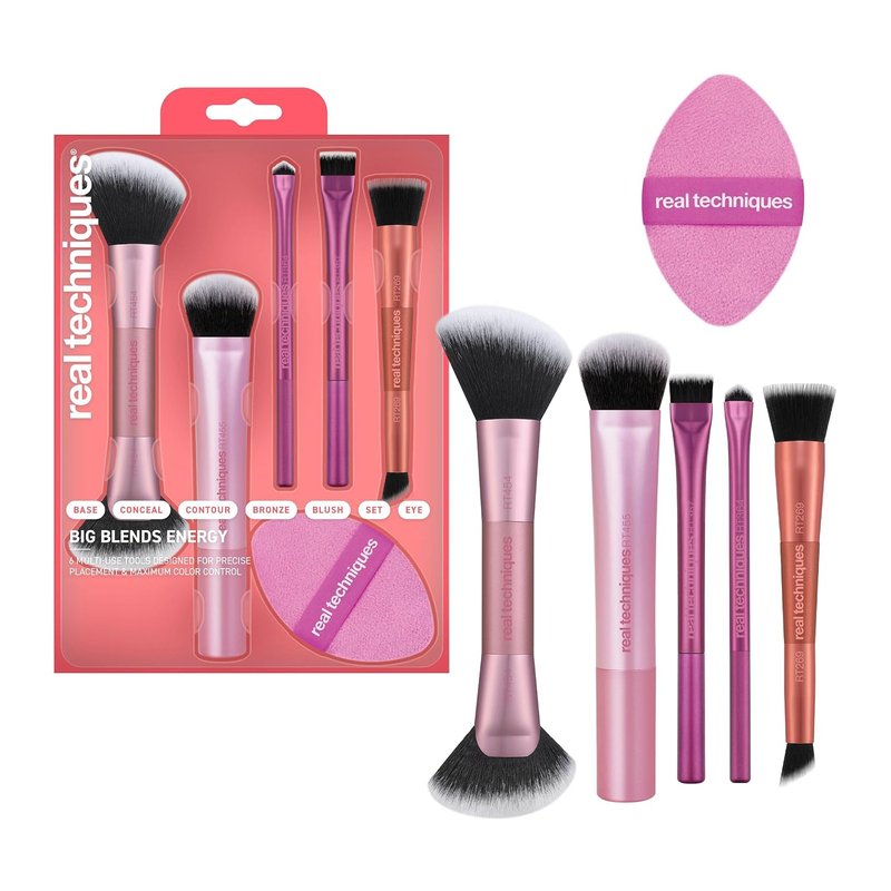 Real Techniques Big Blends Brush Set - 6-Piece Makeup Brush & Puff Kit for Foundation, Concealer, Powder | Travel-Friendly, Vegan