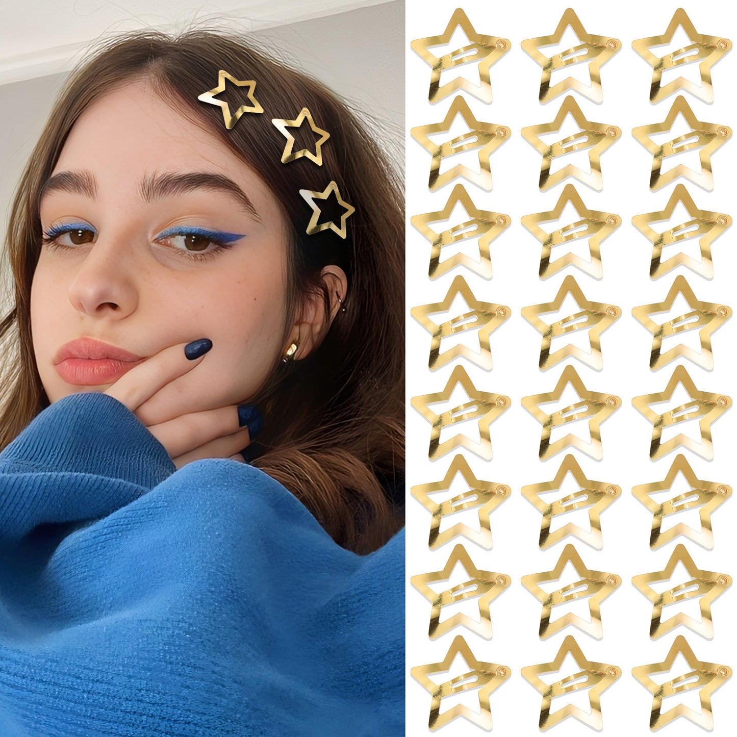NAISKA 24PCS Gold Stars Hair Clips 2000s Y2K Hair Barrettes Metal Rave Pins