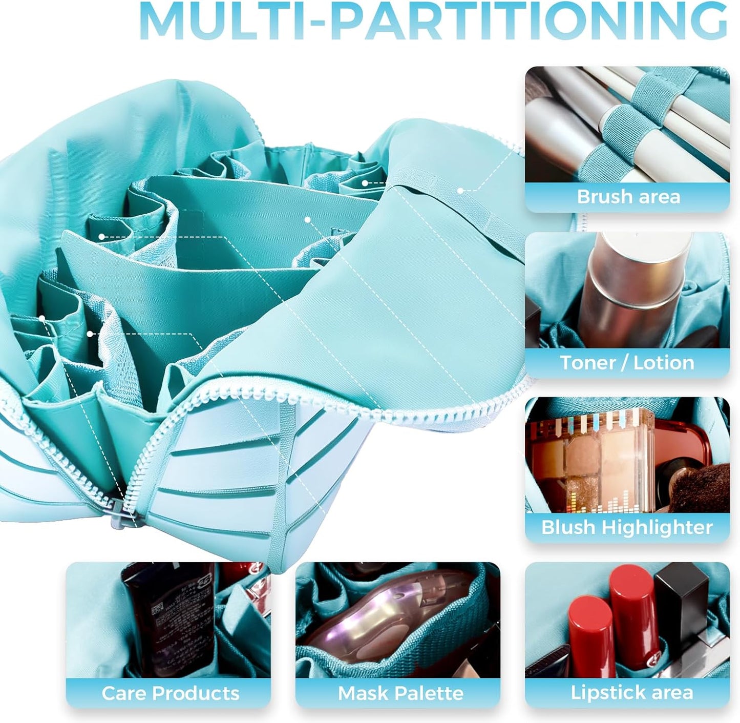 Travel Makeup Organizer Bag - Large Capacity with 27 Pockets & Adjustable Dividers | Light Blue