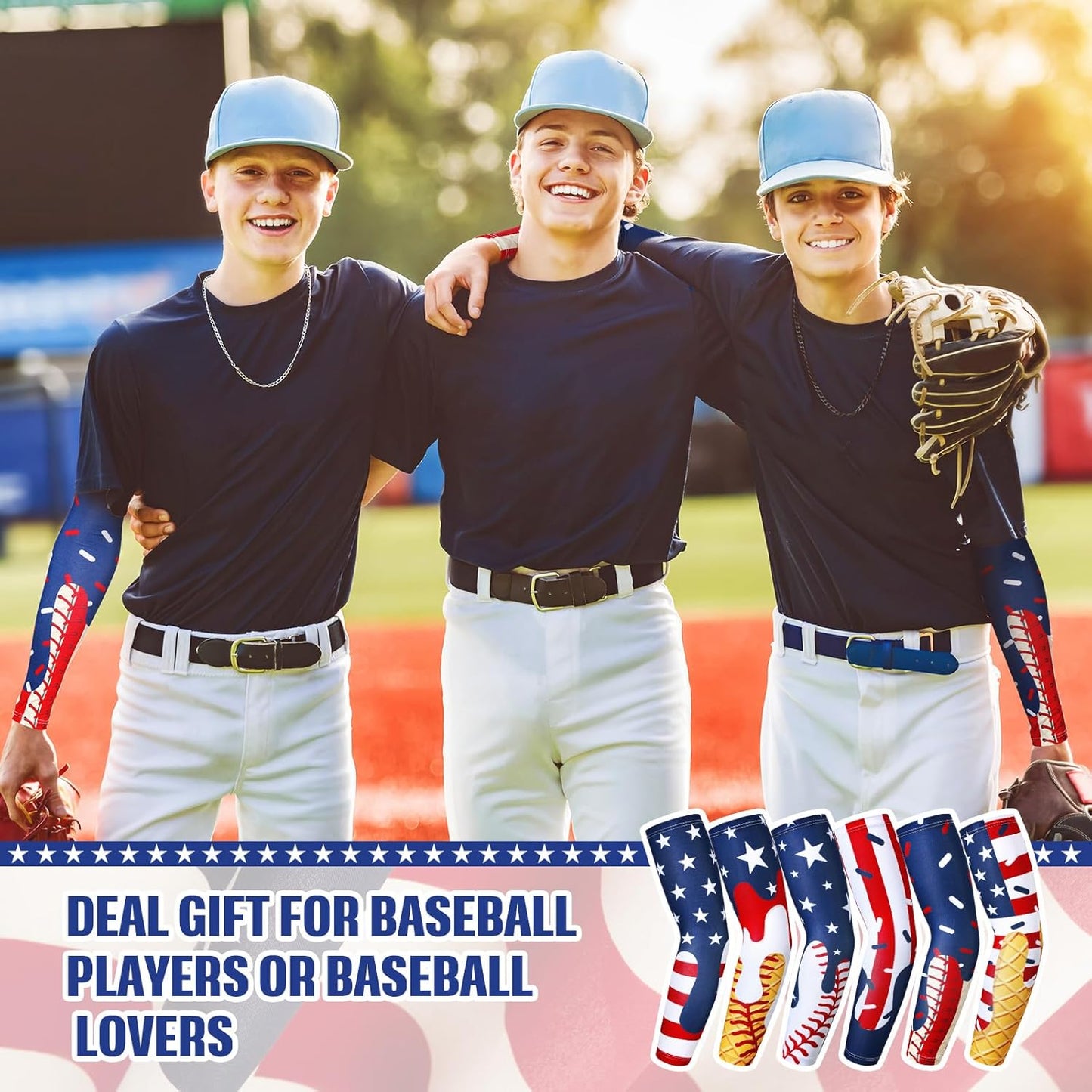 Ice Cream Drip Baseball Arm Sleeves - Youth Sun Protection | 6 Pairs, American Flag Design