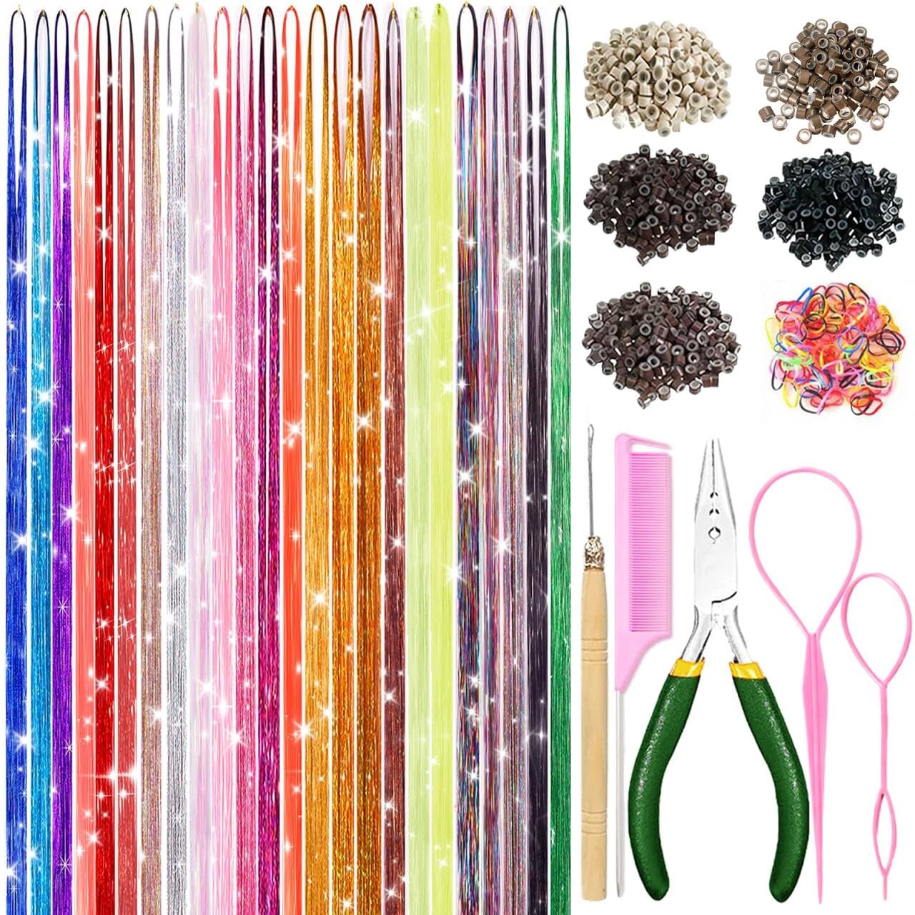 Hair Tinsel Kit - 18 Colors Holographic Hair Extensions | Heat Resistant Fairy Tinsel for Festivals & Parties