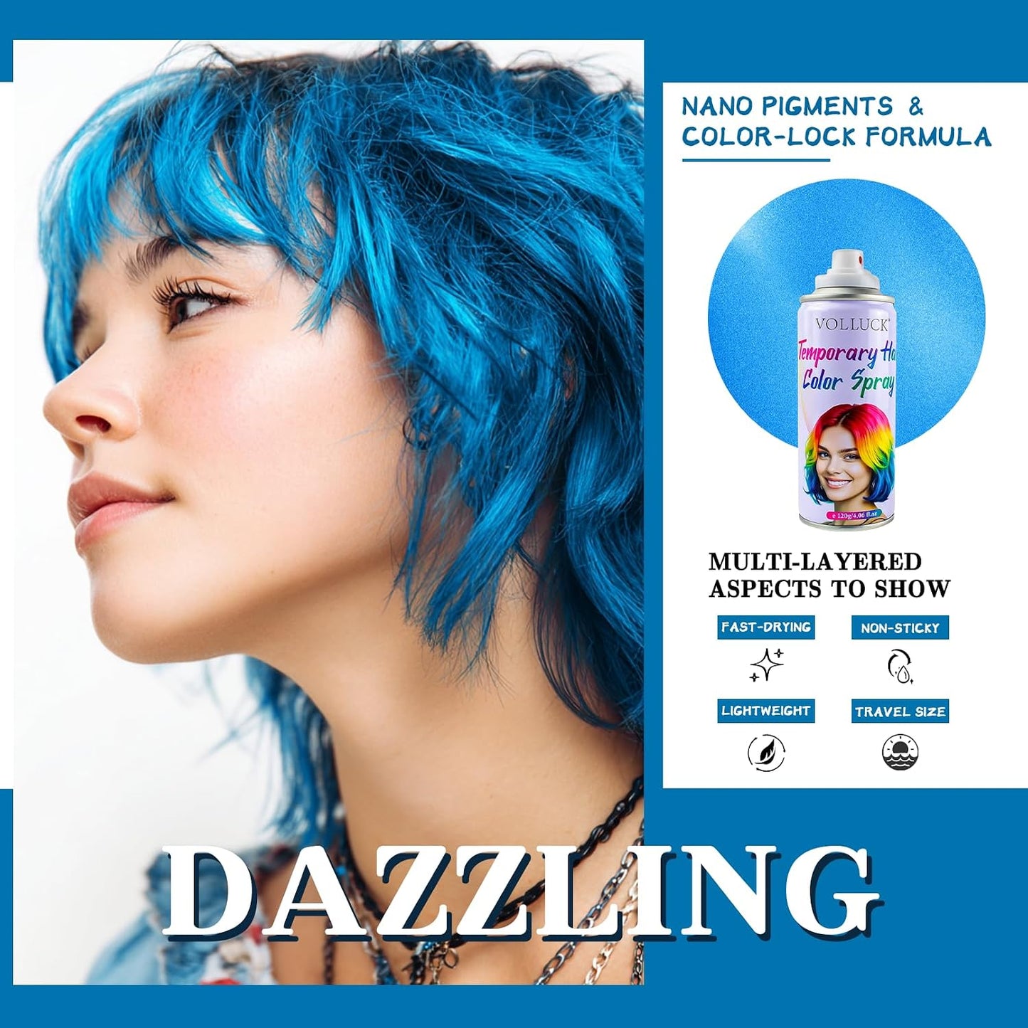 Temporary Blue Hair Spray - 1-Day Hair Color for Kids & Adults | Fast-Drying, Non-Sticky, Washable 4.06 Fl Oz