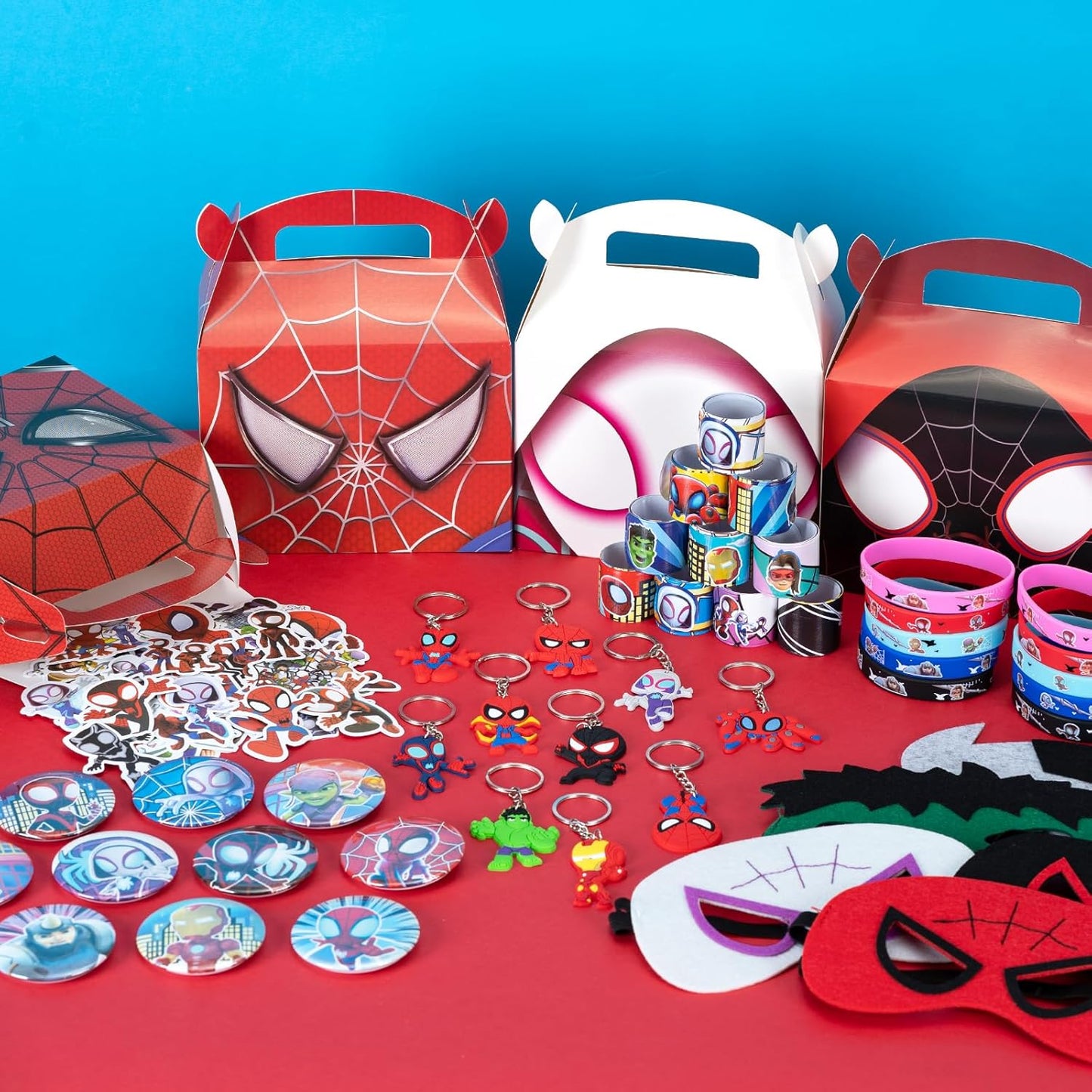 Spidey Party Favors - 110 Pcs Spider-Man Themed Supplies | Straws, Pins, Key Chains, Masks & More