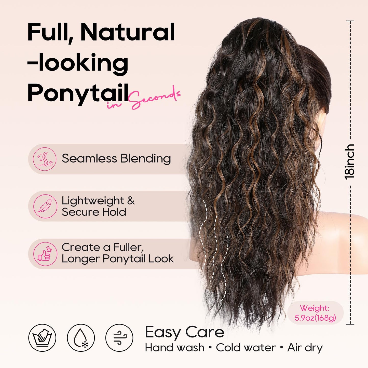 REECHO Ponytail Extension, 18 Inch Curly Claw Pony Tails Hair Extensions Clip in Ponytail Hair Extensions Natural Synthetic Hairpiece for Women Everyday Wear, Chocolate Brown with Highlights