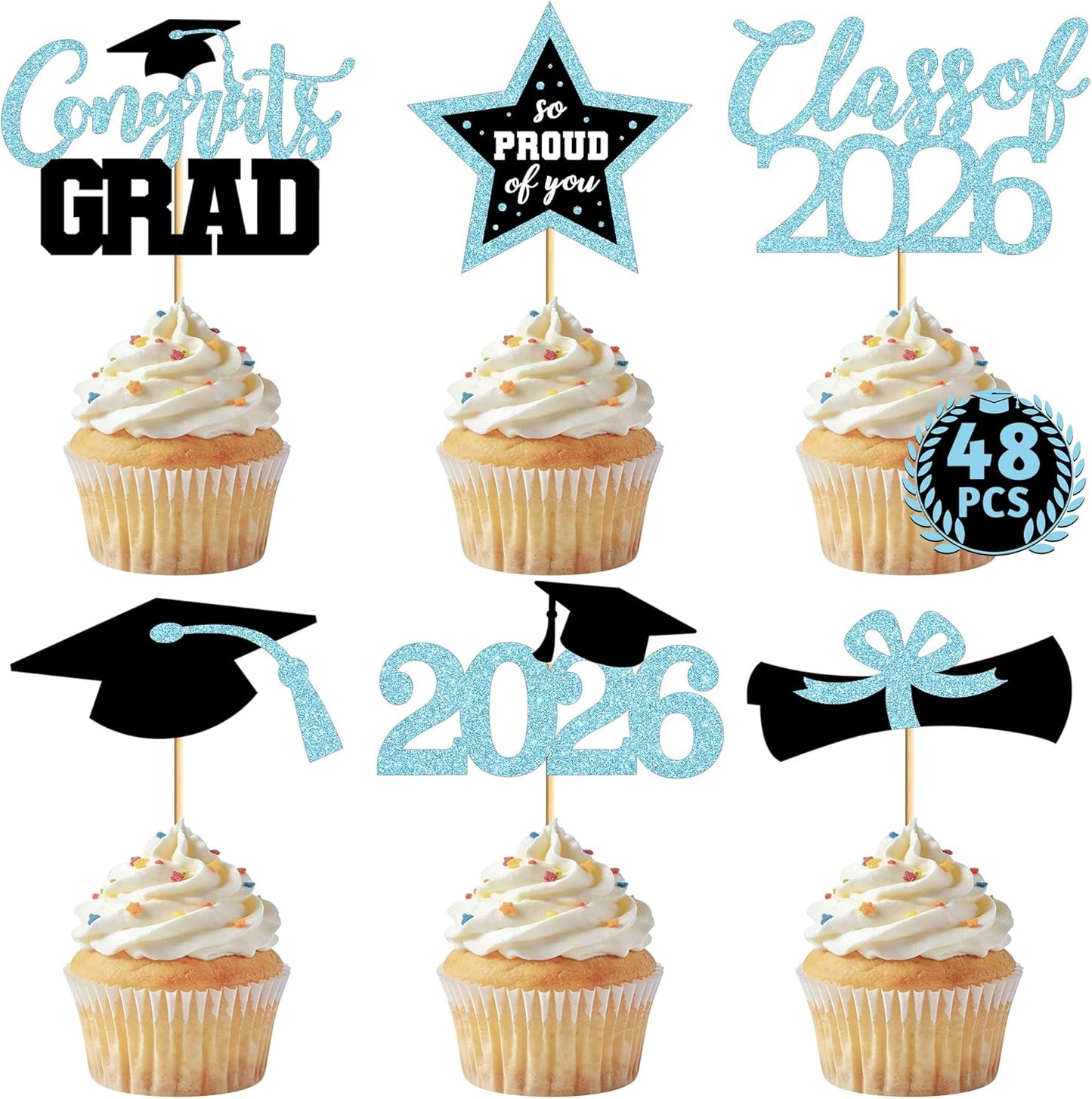 Graduation Cupcake Toppers - 48 PCS Black & Gold Congrats Grad Decorations | Glittery Cap & Diploma Picks for 2026 Party