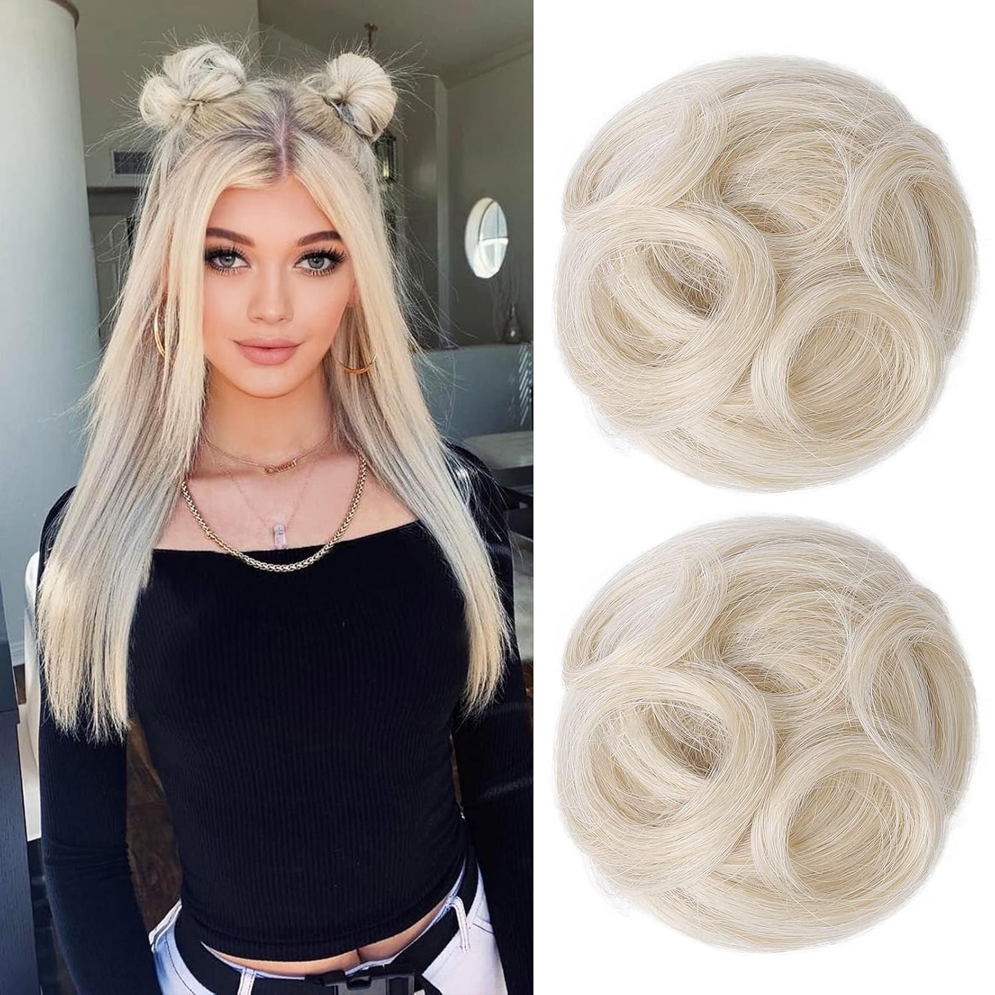REECHO Mini Claw Clips - Messy & Cat Ears Hair Bun Extensions | 2-Pack, 3.5" Wavy, Natural Black