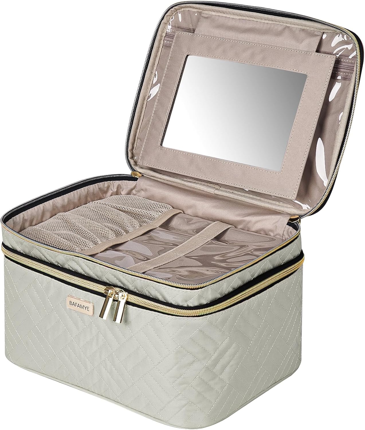 Double Layer Travel Makeup Bag With Mirror - 8.8L Large Cosmetic Organizer for Women | Brown