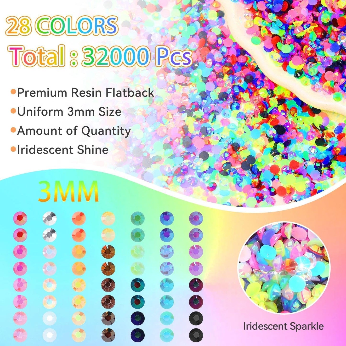 32000 Pcs Rhinestones for Bedazzling Kit with Tools, 3mm Flatback Resin Gems for Crafting, Colorful Resin Rhinestones Bedazzler Kit for Clothing Shoes DIY Tumblers & Face Makeup