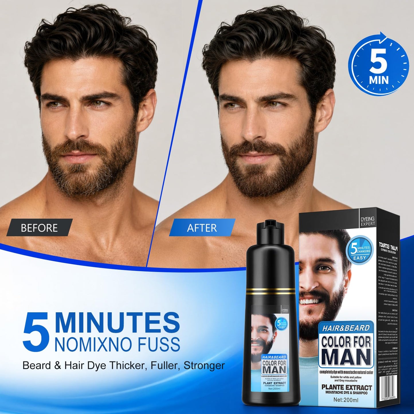 Mens Beard & Mustache Dye Shampoo, Instant 100% Grey Hair Coverage, Long-Lasting Natural Herbal Beard Coloring for Gray Hair, 3-in-1 Dye, Shampoo & Conditioner,200ML