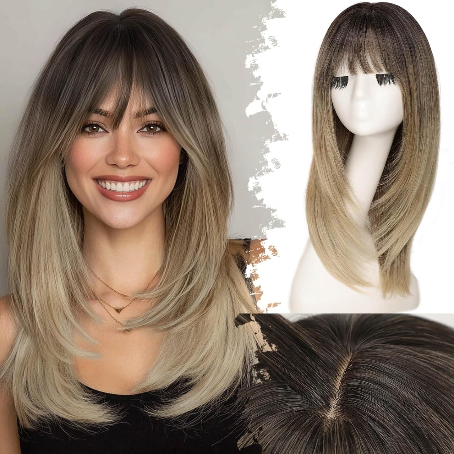 Beginner-Friendly Ash Blonde Wig with Bangs - 4x4 Glueless Synthetic Hair, Medium Length, Face-Framing Layers