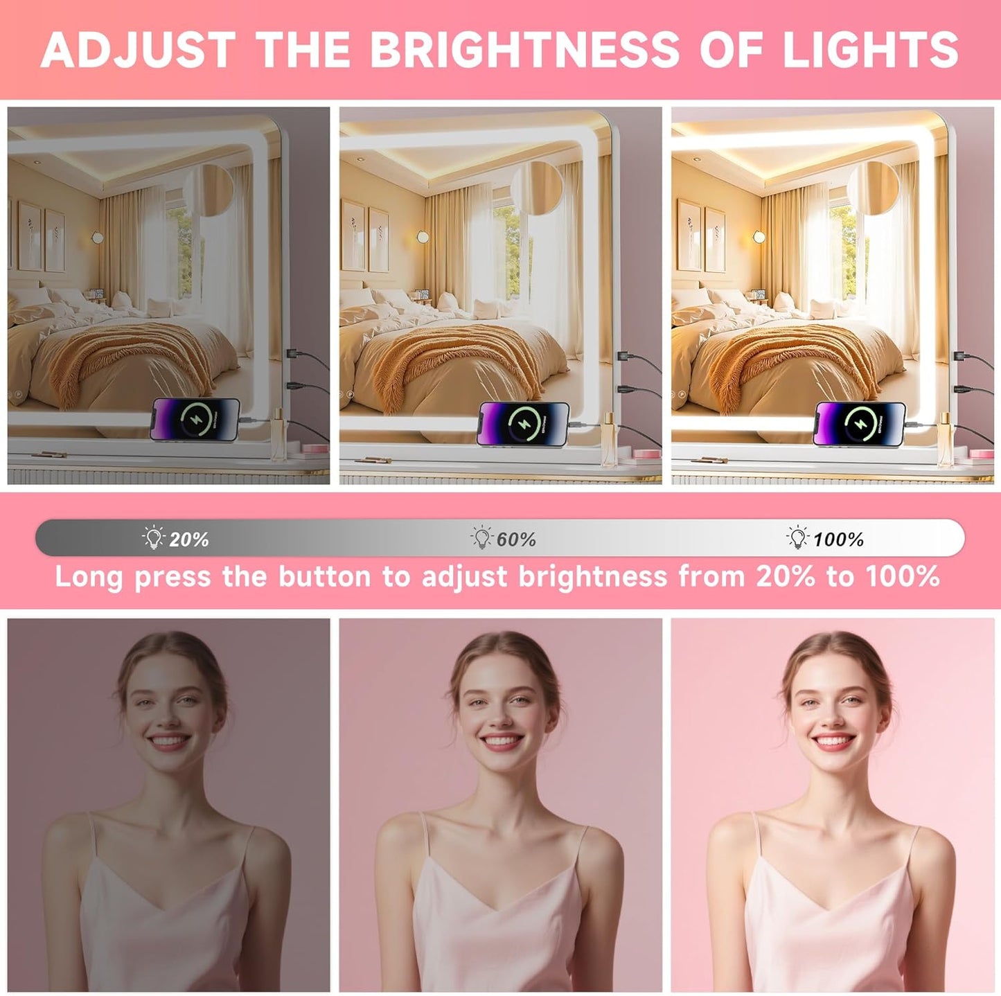 LED Makeup Mirror with Lights - 23" x 18" Dimmable Vanity Mirror | 10X Magnification, Smart Touch, USB Charging