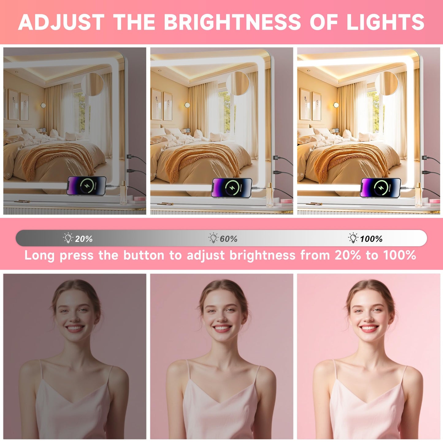 Batuso Vanity Mirror with Lights, 23" x 18" LED Makeup Mirror with 10X Magnification, Dimmable 3 Modes, Memory Function, Smart Touch, USB Charging Port, Lighted Makeup Mirror Round White