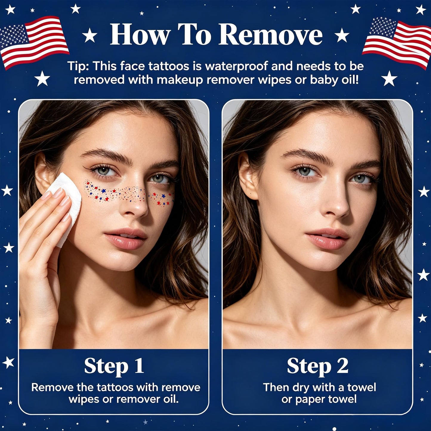 4th of July Glitter Freckles Face Tattoo, 8Pcs Patriotic Temporary Tattoos, 4th of July Outfit Accessories, Patriotic Star Freckle Makeup Patches for Independence Day Face Rave Accessories