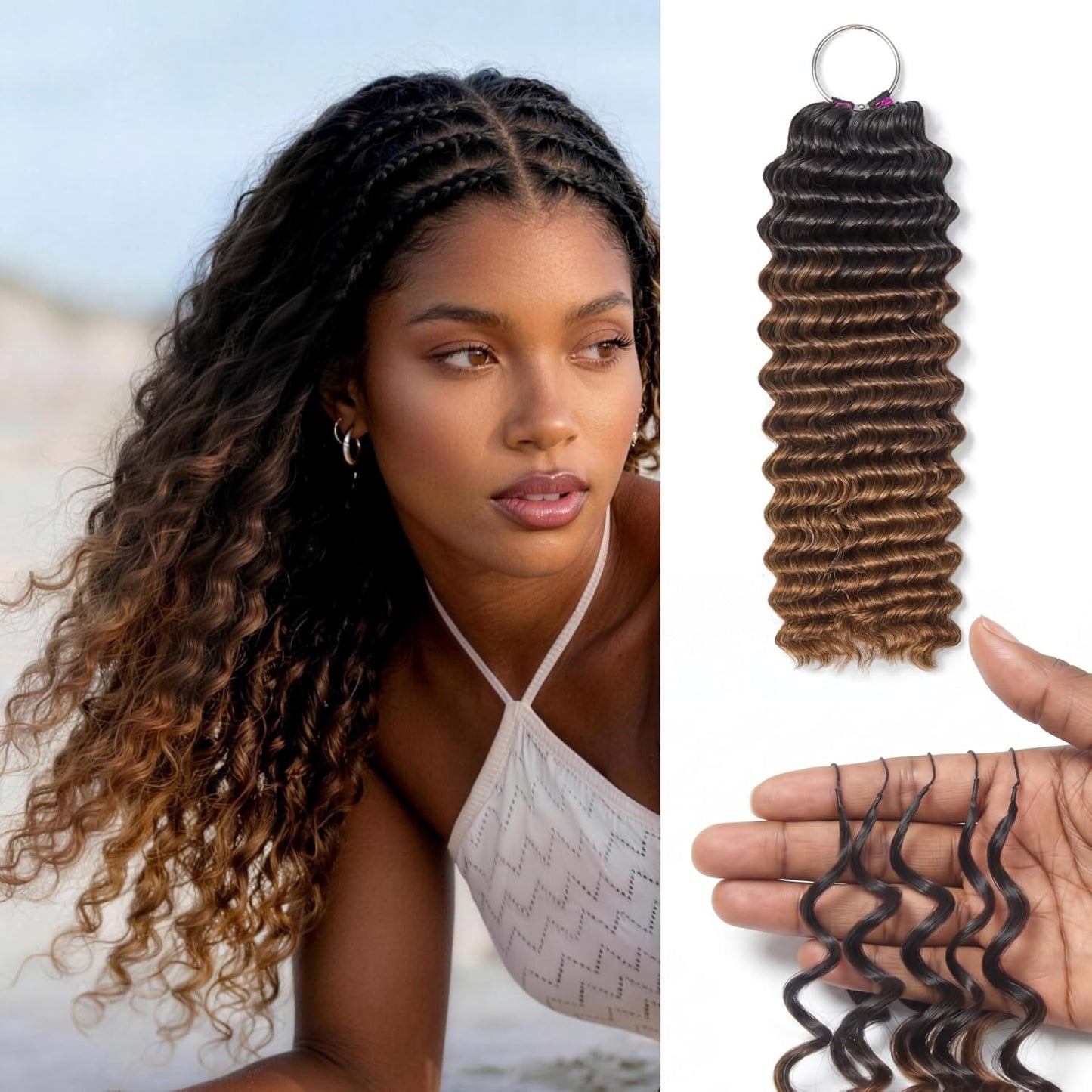 Deep Wave Crochet Hair Extensions for Black Women - 16 Inch, Balayage Brown, Pre-Separated & Lightweight, Tangle-Free