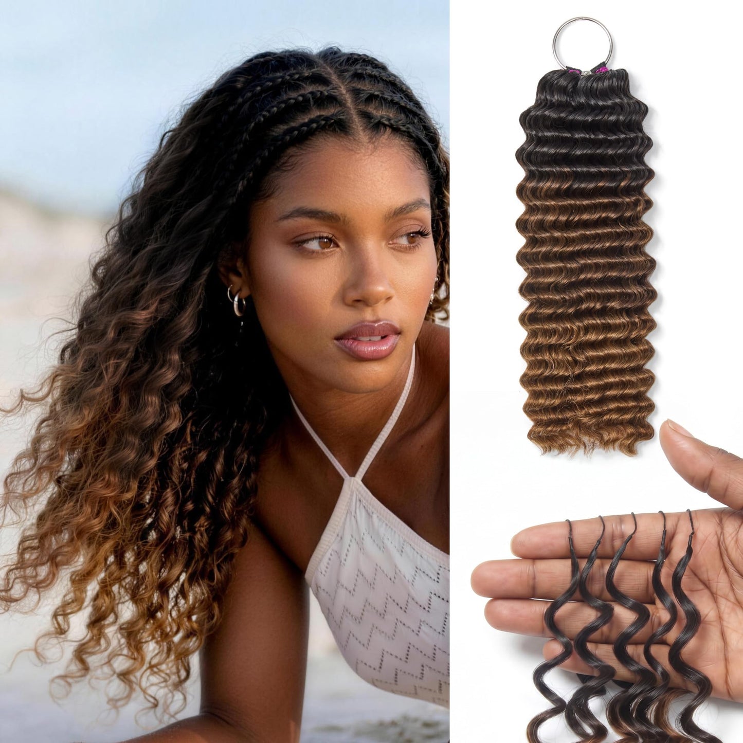 LUVME Deep Wave Crochet Hair for Black Women, 16 Inch 130g About 100 Strands, Pre-Separated & Pre-Fluffed Human Crochet Hair Extensions, Balayage Brown, Soft Natural Look, Lightweight & Tangle-Free