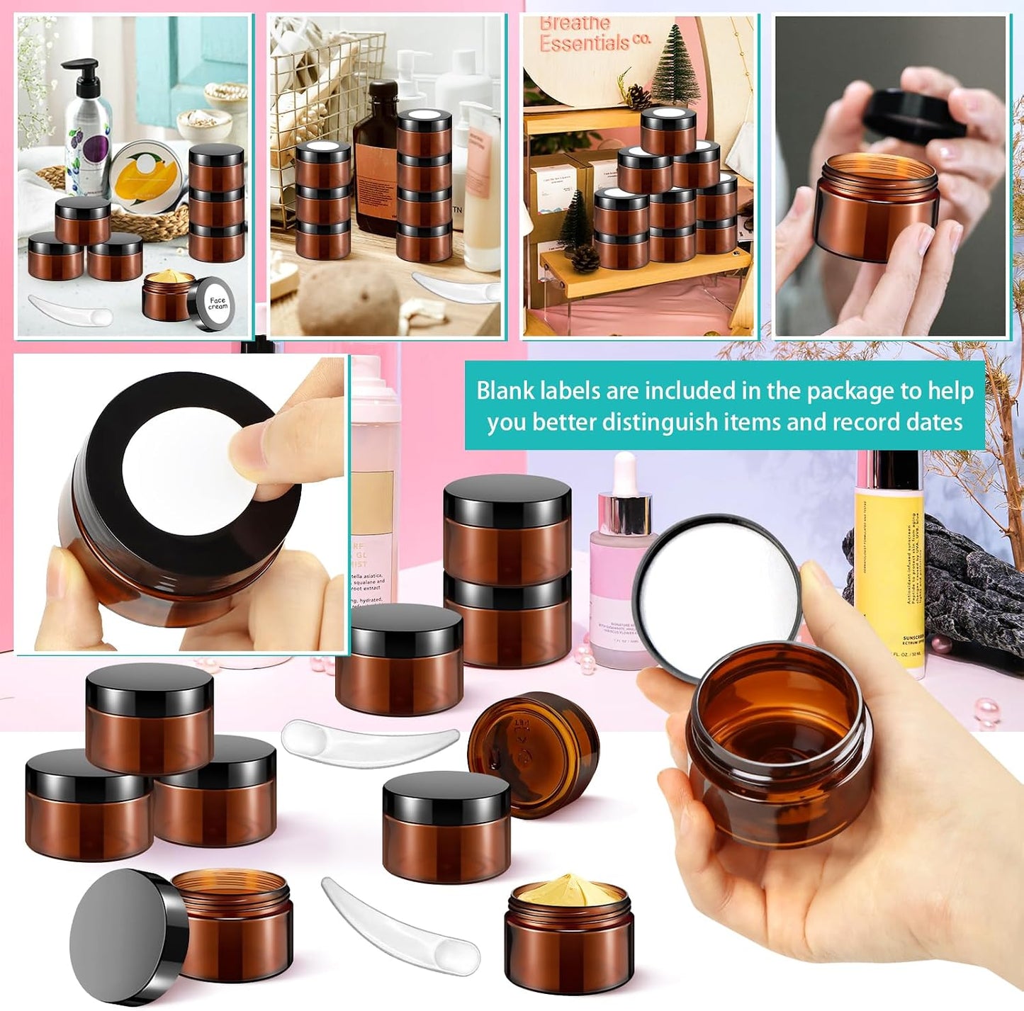 Amber Plastic Jars - 20 Pack 1oz Refillable Makeup Containers | Leakproof Travel Jars for Cream, Lotion, Powder