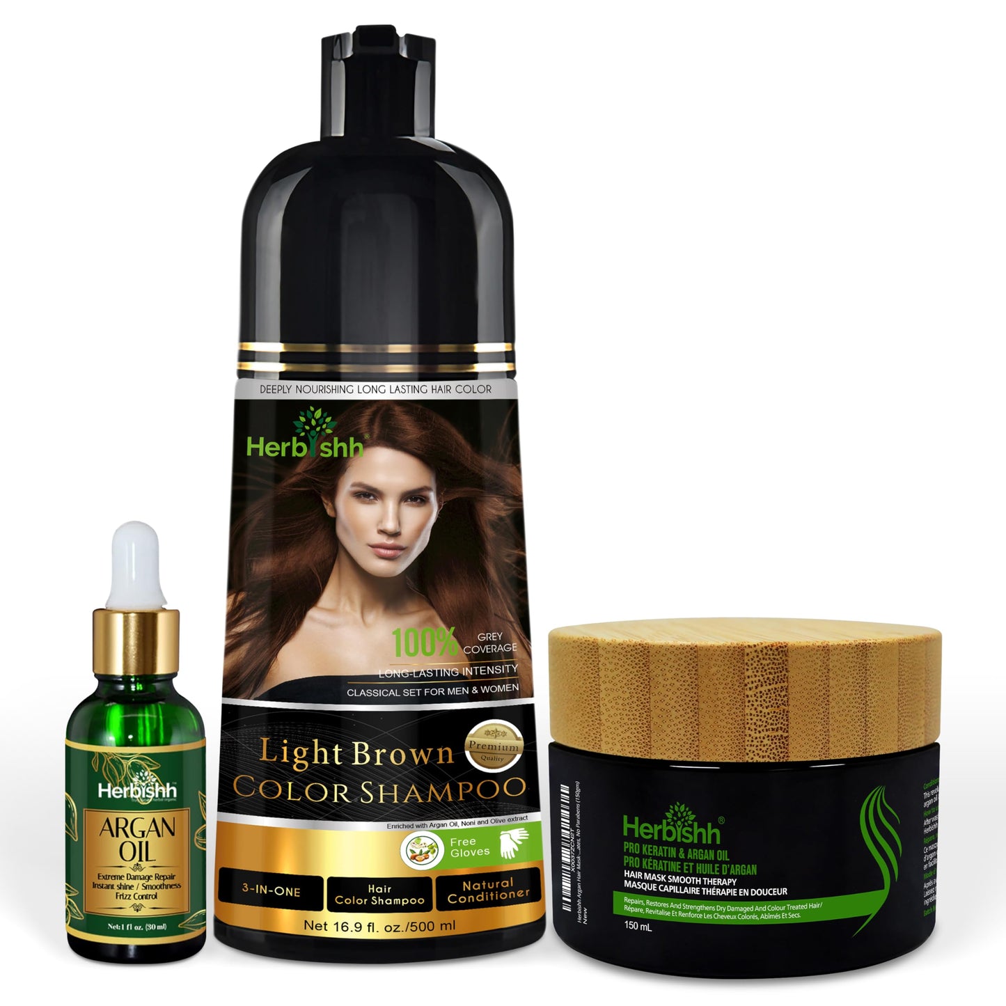 Herbishh After Color Shampoo Combo, 1 Hair Color Shampoo Hair Dye 500ml Argan Oil + 30ml Pro Keratin + 150 ml Argan Hair Mask, Hair Straightening, Shine And Protection For Men And Women (Light Brown)