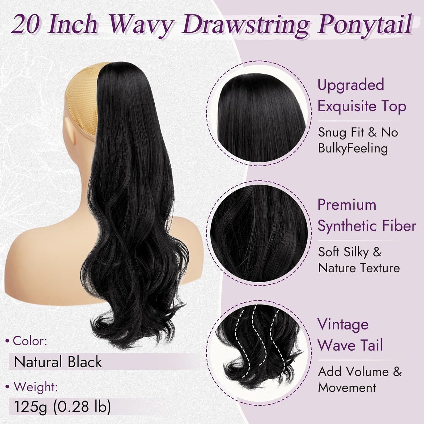 Black Wavy Drawstring Ponytail Extensions - 20 Inch Curly Clip-In Hairpiece for Women, Natural Look