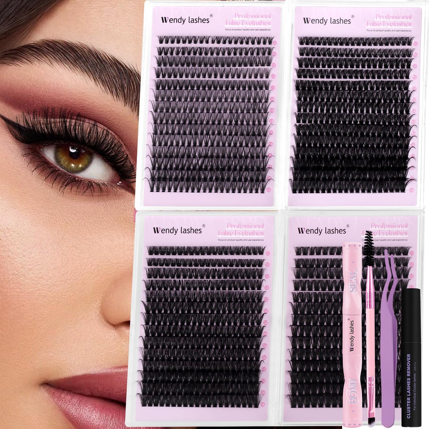 Natural Lash Clusters Kit Packs: Wendy, 1078Pcs, 40D, 60D, 60D, 80D, D Curl, 10-18mm Mixed, Soft, Cat Eye, DIY Eyelash, Individual, Fake Lashes, Bulk Pack