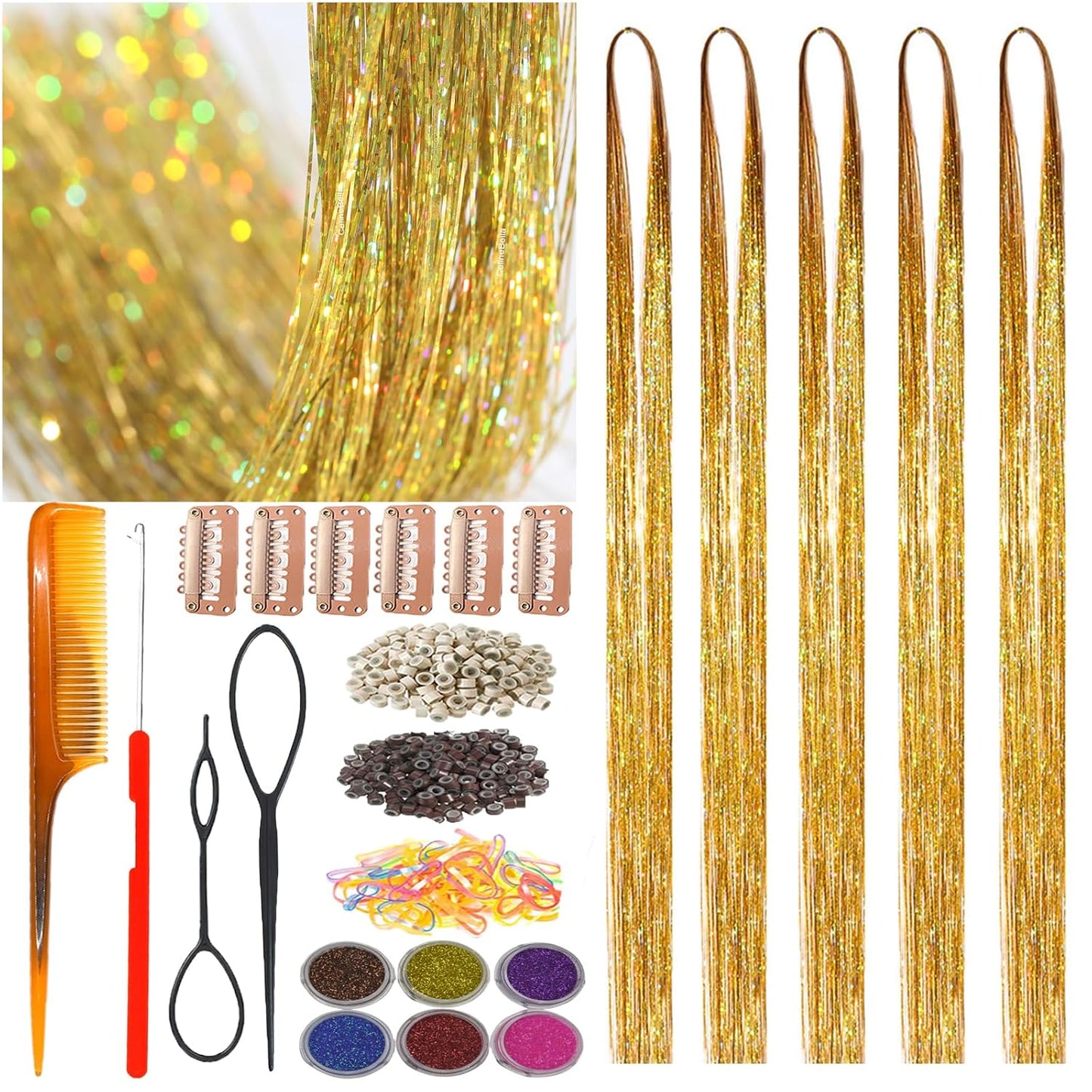 Gold Turquoise Hair Tinsel - Ice Crystal Effect, 48 Inch, 1250 Strands | Heat Resistant Sparkling Glitter for Women Party Cosplay