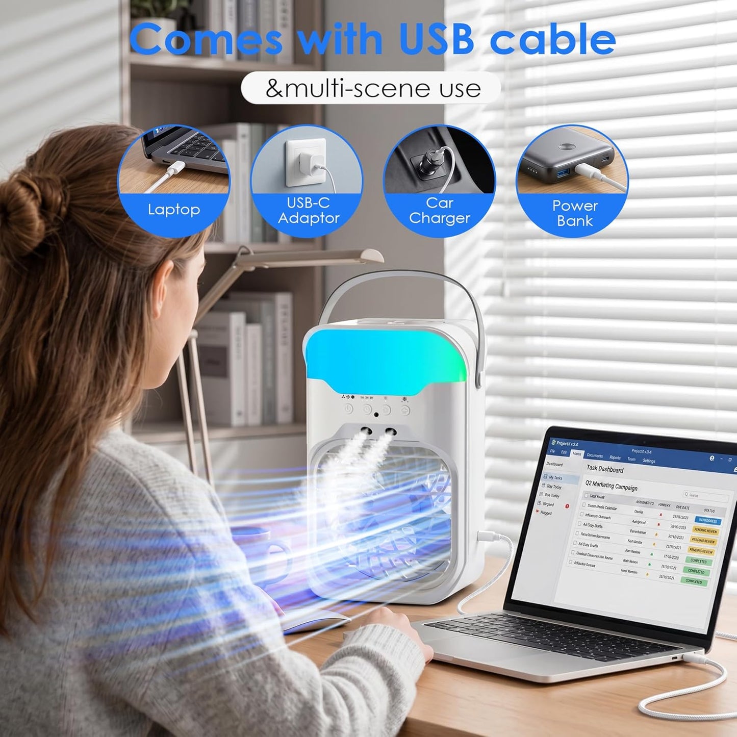 Portable Air Conditioner - 4-in-1 Cooling Unit with 3 Fan Speeds & 1600ML Water Tank | Remote Control & 10 Color Night Light for Home, Office, Outdoor