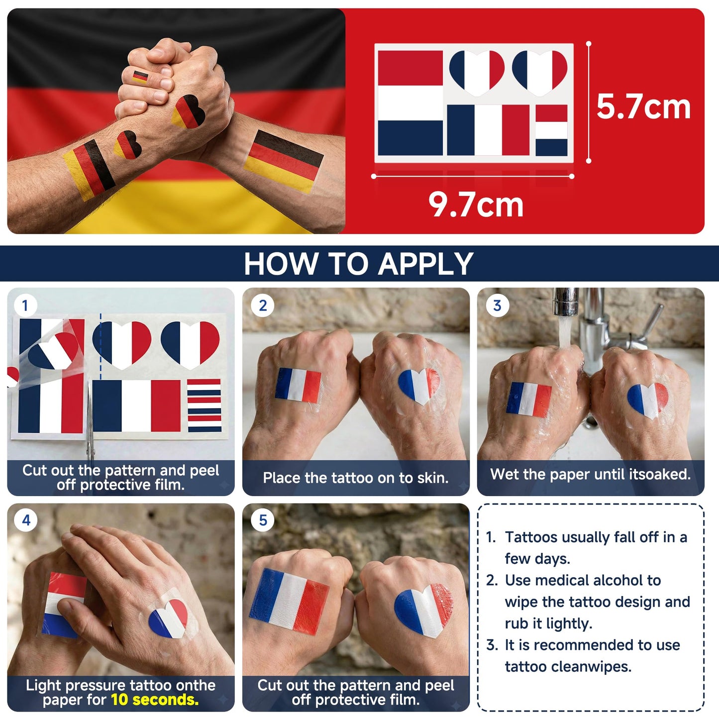 GMLIRTN 50 Pcs for Fan Flag Tattoos for World Cup 2026 - Waterproof Temporary Stickers for Team Pride & Viewing Parties（France）