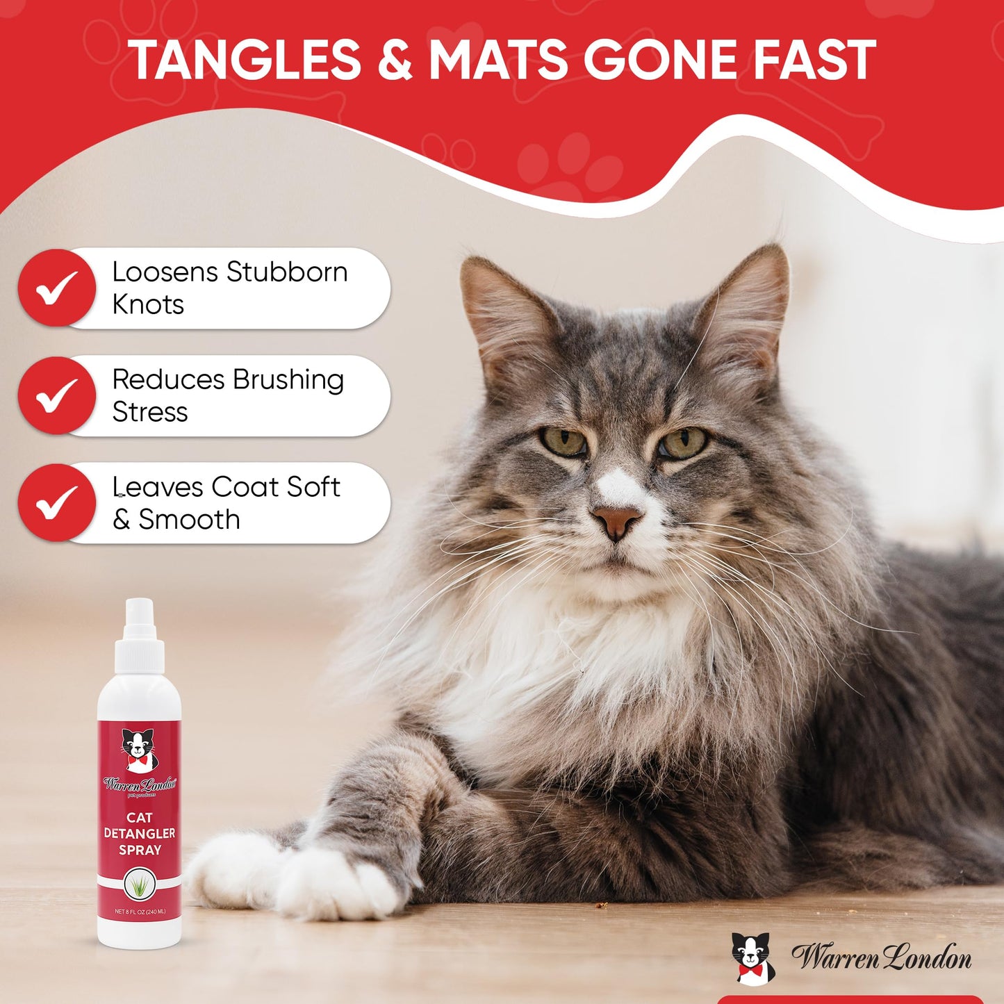 Warren London Cat Detangler Spray Bundle with Pin Brush for Matted Hair | Leave in Conditioner Pet Detangling Spray that Demattes & Refreshes | 8oz w/Pin Brush